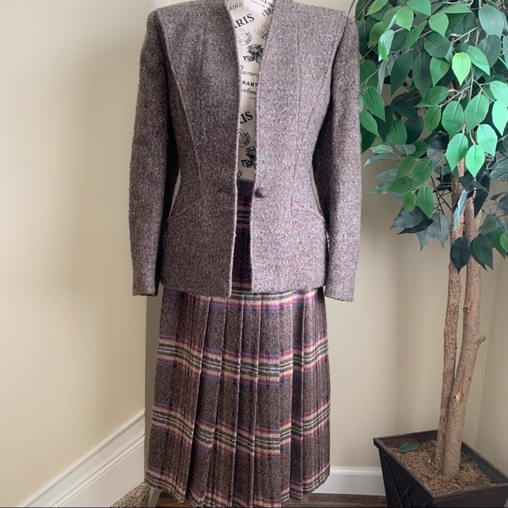 Liliane Burty Paris Vintage Wool Blend Skirt Suit Set Brown Sz 10